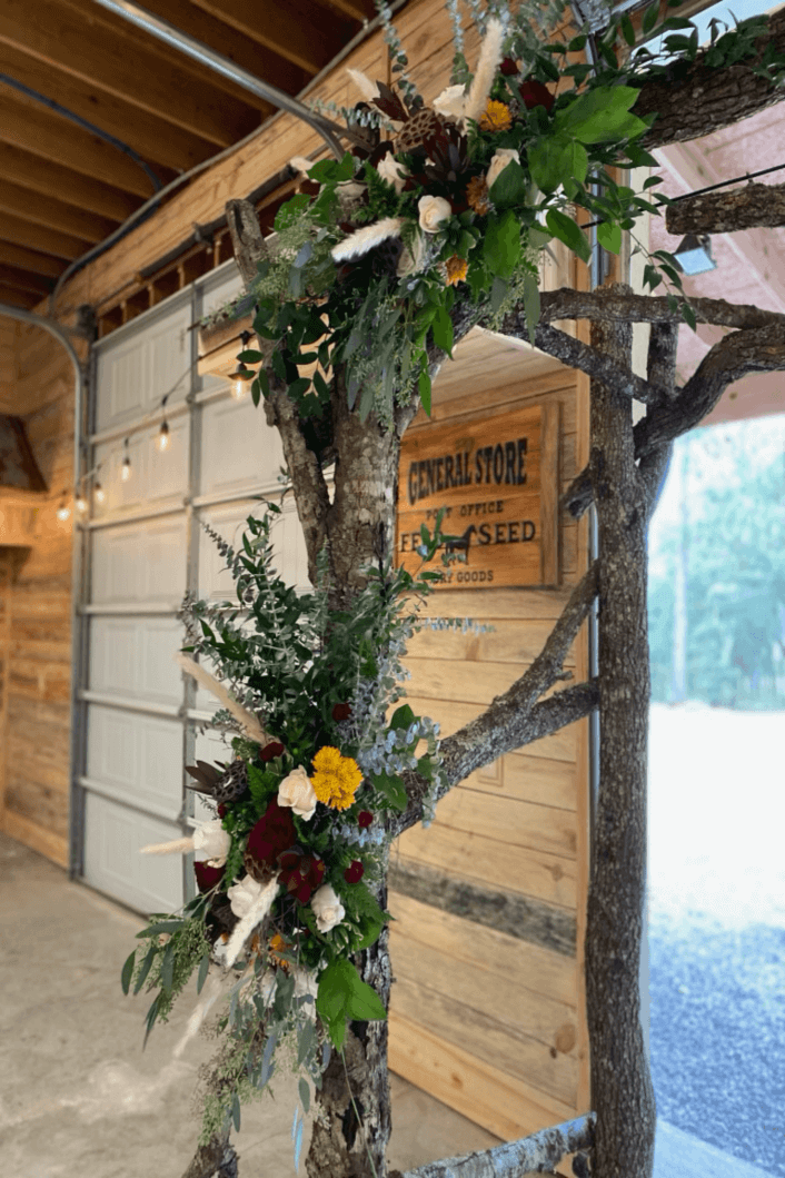 Flowers in Wedding reception barn